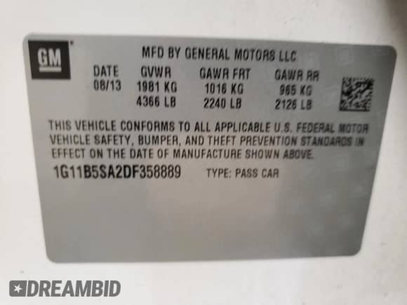 2013 Chevrolet Malibu LS with VIN 1G11B5SA2DF358889, listed as a Copart auction lot 90713705 with 120,604 mi miles and Salvage title. Bid and sale history available at DreamBid. Image 12.