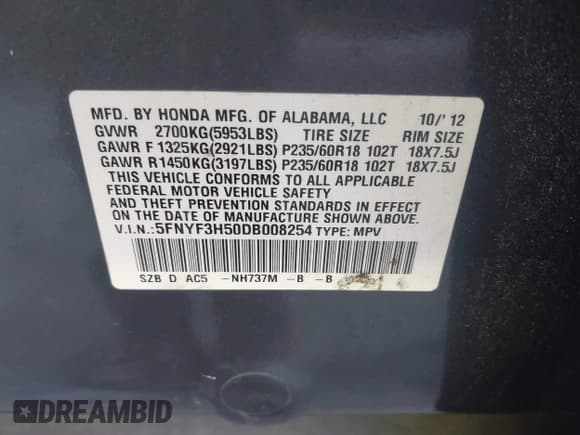 ✅ 2013 Honda Pilot EX-L • VIN: 5FNYF3H50DB008254 • Lot: 43590270. Listed on IAAI with 191,704 mi. Free auction sales archive from the USA and detailed vehicle history report at DreamBid. Image 9.