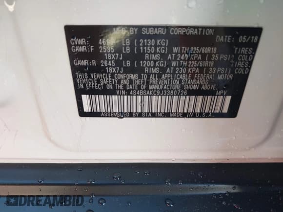 ✅ 2018 Subaru Outback Limited • VIN: 4S4BSAKC9J3380726 • Lot: 43507818. Listed on IAAI with 74,026 mi. Free auction sales archive from the USA and detailed vehicle history report at DreamBid. Image 9.