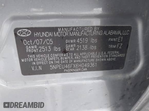 2006 Hyundai Sonata GLS with VIN 5NPEU46FX6H049361, listed as a IAAI auction lot 43487963 with 182,569 mi miles and . Bid and sale history available at DreamBid. Image 9.