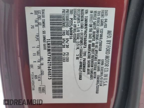 ✅ 2002 Lincoln Continental • VIN: 1LNHM97V62Y684873 • Лот: 87602665. Опубликован ранее на Copart с пробегом 52 974 миль. Бесплатный доступ к архиву аукционных продаж из США и подробный отчёт об истории автомобиля на DreamBid. Изображение 12.