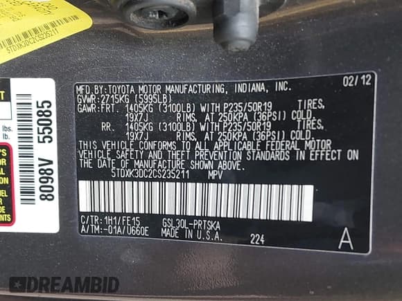 ✅ 2012 Toyota Sienna SE • VIN: 5TDXK3DC2CS235211 • Lot: 42390354. Listed on IAAI with 242,602 mi. Free auction sales archive from the USA and detailed vehicle history report at DreamBid. Image 9.