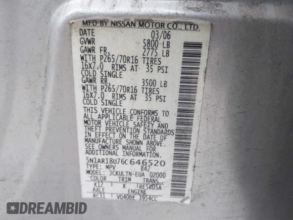 ✅ 2006 Nissan Pathfinder SE • VIN: 5N1AR18U76C646520 • Lot: 42077515. Listed on IAAI with 187,635 mi. Free auction sales archive from the USA and detailed vehicle history report at DreamBid. Image 9.