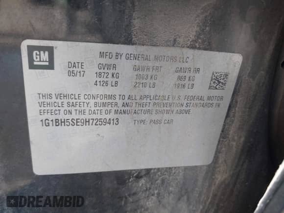 2017 Chevrolet Cruze LT with VIN 1G1BH5SE9H7259413, listed as a IAAI auction lot 42386289 with 161,966 mi miles and . Bid and sale history available at DreamBid. Image 9.