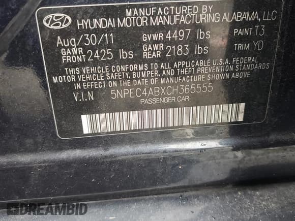 ✅ 2012 Hyundai Sonata Limited • VIN: 5NPEC4ABXCH365555 • Lot: 65010454. Listed on Copart with 69,596 mi. Free auction sales archive from the USA and detailed vehicle history report at DreamBid. Image 14.