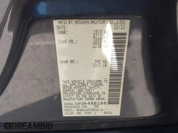 ✅ 2013 Nissan Altima SL • VIN: 1N4AL3AP5DN488188 • Lot: 42637660. Listed on IAAI with 182,891 mi. Free auction sales archive from the USA and detailed vehicle history report at DreamBid. Image 9.