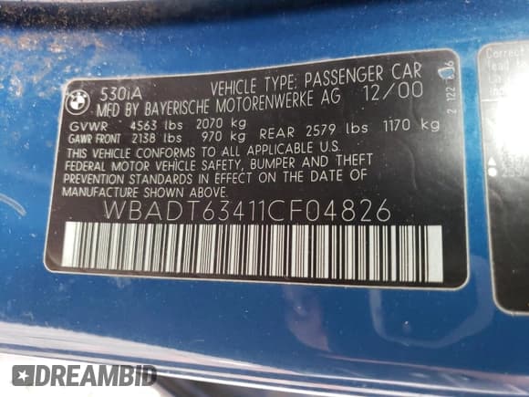 ✅ 2001 BMW 5 Series 530i • VIN: WBADT63411CF04826 • Lot: 71732694. Listed on Copart with 156,297 mi. Free auction sales archive from the USA and detailed vehicle history report at DreamBid. Image 13.