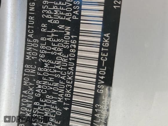 ✅ 2010 Toyota Camry XLE • VIN: 4T1BK3EK5AU108361 • Lot: 91184415. Listed on Copart with 203,556 mi. Free auction sales archive from the USA and detailed vehicle history report at DreamBid. Image 12.