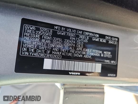 ✅ 2008 Volvo XC70 • VIN: YV4BZ982381028323 • Lot: 87476115. Listed on Copart with 85,292 mi. Free auction sales archive from the USA and detailed vehicle history report at DreamBid. Image 12.