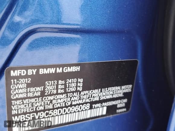 ✅ 2013 BMW M5 • VIN: WBSFV9C58DD096068 • Lot: 79225784. Listed on Copart with 106,630 mi. Free auction sales archive from the USA and detailed vehicle history report at DreamBid. Image 12.