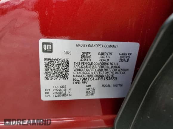 2023 Chevrolet TrailBlazer RS с VIN KL79MTSL4PB153559, выставлен на аукционе Copart как лот 81773135 с пробегом 17 647 миль миль и Списание • Salvage title. История ставок и продаж доступна на DreamBid. Изображение 14.