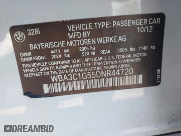 ✅ 2013 BMW 3 Series 328i • VIN: WBA3C1G55DNR44720 • Lot: 43712764. Listed on IAAI with 142,814 mi. Free auction sales archive from the USA and detailed vehicle history report at DreamBid. Image 9.