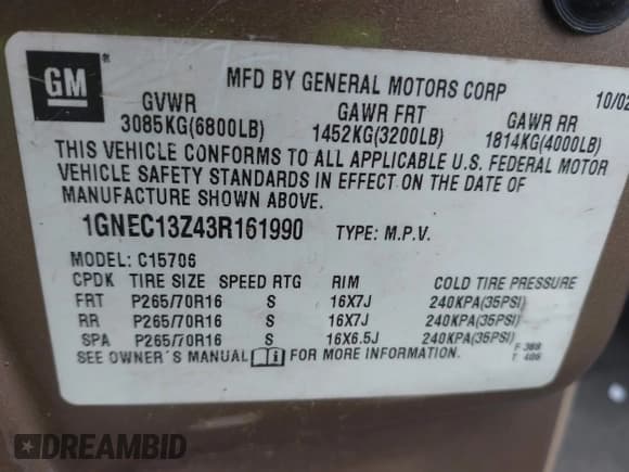 ✅ 2003 Chevrolet Tahoe LT • VIN: 1GNEC13Z43R161990 • Lot: 42242612. Listed on IAAI with 236,997 mi. Free auction sales archive from the USA and detailed vehicle history report at DreamBid. Image 9.
