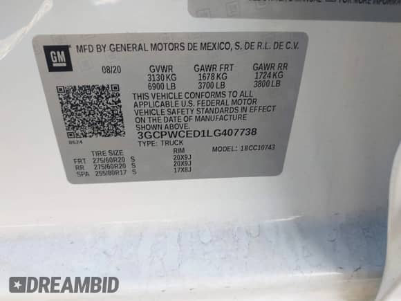 2020 Chevrolet Silverado 1500 LT z VIN 3GCPWCED1LG407738, wystawiony jako IAAI lot #43020970 z przebiegiem 50 701 mil mil oraz . Historia ofert i sprzedaży dostępna na DreamBid. Obrazek 9.