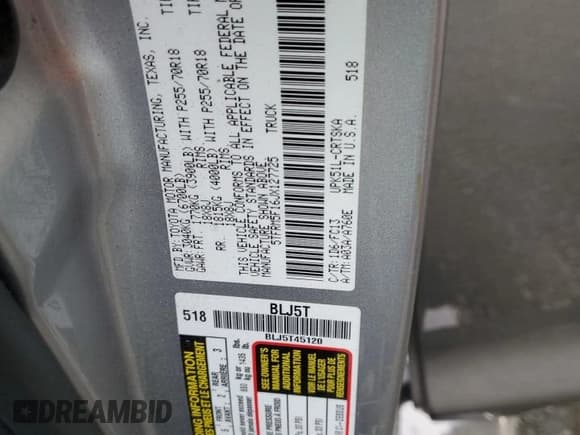 ✅ 2018 Toyota Tundra SR • VIN: 5TFRM5F16JX127725 • Lot: 91208775. Listed on Copart with 252,572 mi. Free auction sales archive from the USA and detailed vehicle history report at DreamBid. Image 13.