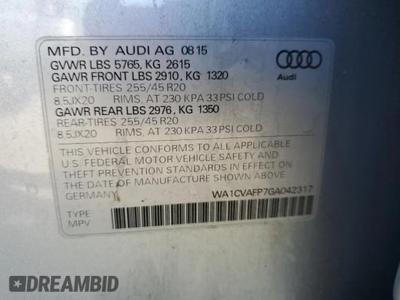 ✅ 2016 Audi Q5 Premium Plus • VIN: WA1CVAFP7GA042317 • Lot: 42553485. Listed on Copart with 63,471 mi. Free auction sales archive from the USA and detailed vehicle history report at DreamBid. Image 13.