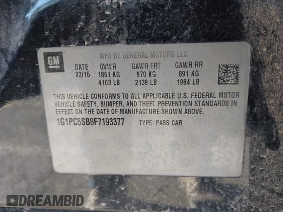 ✅ 2015 Chevrolet Cruze LT • VIN: 1G1PC5SB8F7193377 • Lot: 43623806. Listed on IAAI with 87,587 mi. Free auction sales archive from the USA and detailed vehicle history report at DreamBid. Image 9.