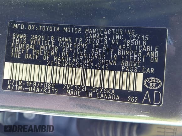 ✅ 2016 Toyota Corolla L • VIN: 2T1BURHE5GC571744 • Lot: 43403198. Listed on IAAI with 87,811 mi. Free auction sales archive from the USA and detailed vehicle history report at DreamBid. Image 9.