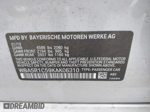 ✅ 2019 BMW 3 Series 330i • VIN: WBA5R1C59KAK06310 • Lot: 42830197. Listed on IAAI with 81,674 mi. Free auction sales archive from the USA and detailed vehicle history report at DreamBid. Image 9.