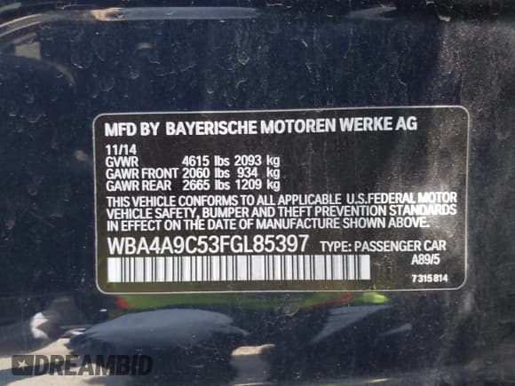 ✅ 2015 BMW 4 Series 428i • VIN: WBA4A9C53FGL85397 • Lot: 42402692. Listed on IAAI with 163,115 mi. Free auction sales archive from the USA and detailed vehicle history report at DreamBid. Image 9.