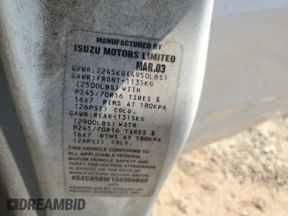 ✅ 2003 Isuzu Rodeo • VIN: 4S2CK58W134304842 • Lot: 80434175. Listed on Copart with 317,255 mi. Free auction sales archive from the USA and detailed vehicle history report at DreamBid. Image 13.