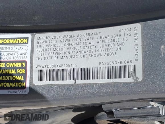 ✅ 2004 Volkswagen Passat GLS • VIN: WVWPD63BX4P205115 • Лот: 42039738. Опубликован ранее на IAAI с пробегом 195 817 миль. Бесплатный доступ к архиву аукционных продаж из США и подробный отчёт об истории автомобиля на DreamBid. Изображение 9.