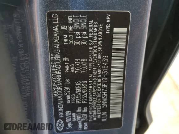 2009 Hyundai Santa Fe Limited с VIN 5NMSH73E19H316439, выставлен на аукционе Copart как лот 67862304 с пробегом 160 130 миль миль и Списание • Salvage title. История ставок и продаж доступна на DreamBid. Изображение 13.