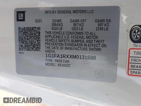 ✅ 2021 Chevrolet Camaro 1LS • VIN: 1G1FA1RXXM0131688 • Lot: 41394288. Wystawiony na IAAI z przebiegiem 56 346 mil. Bezpłatny archiwum sprzedaży aukcyjnych z USA i szczegółowy raport historii pojazdu na DreamBid. Zdjęcie 9.