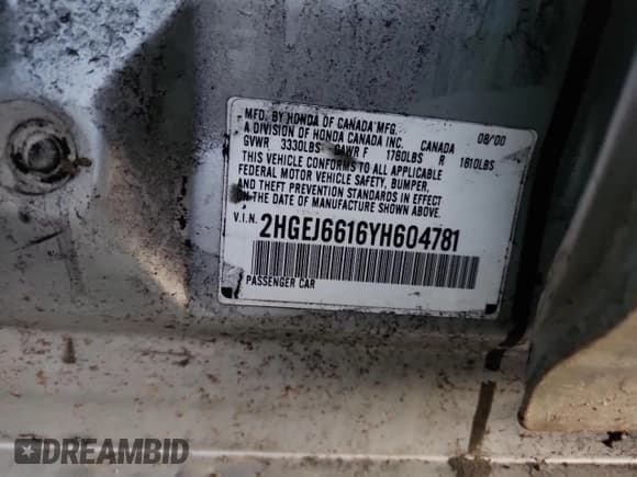 ✅ 2000 Honda Civic VP • VIN: 2HGEJ6616YH604781 • Лот: 87376895. Опубликован ранее на Copart с пробегом 168 544 миль. Бесплатный доступ к архиву аукционных продаж из США и подробный отчёт об истории автомобиля на DreamBid. Изображение 13.