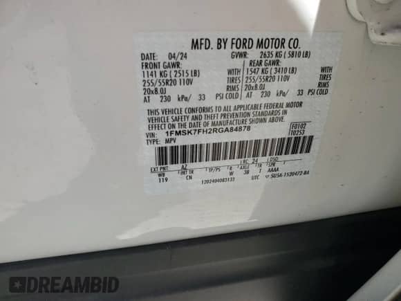 2024 Ford Explorer Limited с VIN 1FMSK7FH2RGA84878, выставлен на аукционе Copart как лот 59871575 с пробегом 5 823 миль миль и Списание • Salvage title. История ставок и продаж доступна на DreamBid. Изображение 13.