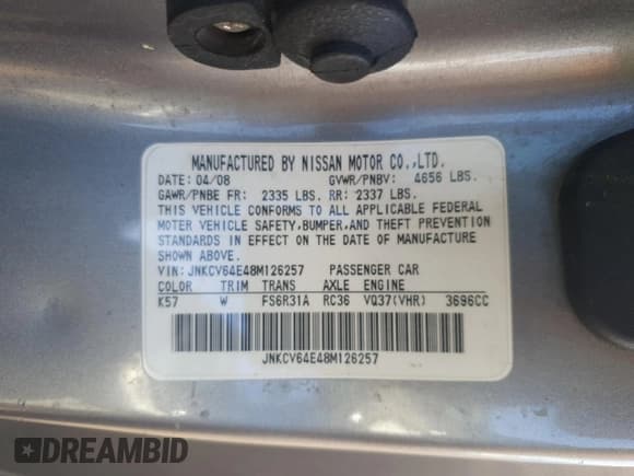 ✅ 2008 Infiniti G37 Journey • VIN: JNKCV64E48M126257 • Lot: 92937855. Listed on Copart with 210,652 mi. Free auction sales archive from the USA and detailed vehicle history report at DreamBid. Image 12.