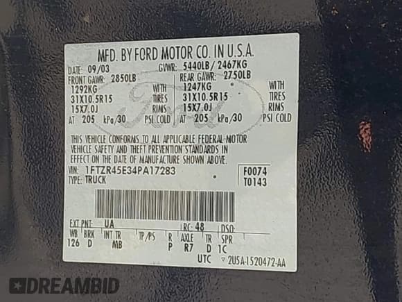 ✅ 2004 Ford Ranger XL Fleet • VIN: 1FTZR45E34PA17283 • Lot: 43765627. Listed on IAAI with 157,624 mi. Free auction sales archive from the USA and detailed vehicle history report at DreamBid. Image 9.