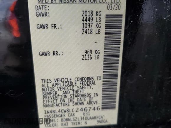 ✅ 2020 Nissan Altima SR • VIN: 1N4BL4CW8LC246746 • Lot: 60625285. Listed on Copart with 100,296 mi. Free auction sales archive from the USA and detailed vehicle history report at DreamBid. Image 12.