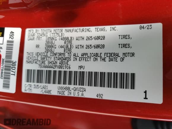 ✅ 2023 Toyota Sequoia SR5 • VIN: 7SVAAAAA2PX001916 • Лот: 56596354. Опубликован ранее на Copart с пробегом 15 277 миль. Бесплатный доступ к архиву аукционных продаж из США и подробный отчёт об истории автомобиля на DreamBid. Изображение 14.