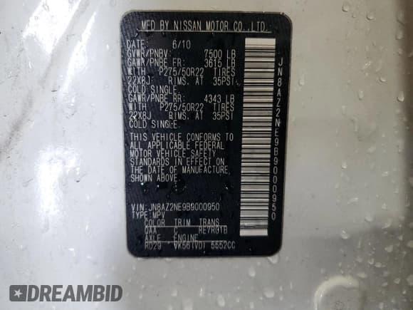 ✅ 2011 Infiniti QX56 7-passenger • VIN: JN8AZ2NE9B9000950 • Лот: 71999715. Опубликован ранее на Copart с пробегом 200 371 миль. Бесплатный доступ к архиву аукционных продаж из США и подробный отчёт об истории автомобиля на DreamBid. Изображение 13.