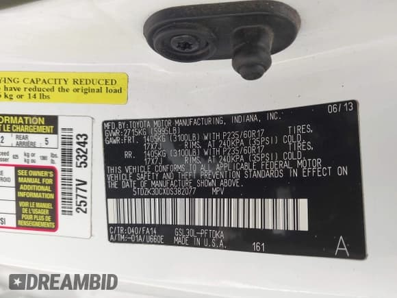 ✅ 2013 Toyota Sienna L • VIN: 5TDZK3DCXDS382077 • Lot: 41808099. Listed on IAAI with 256,998 mi. Free auction sales archive from the USA and detailed vehicle history report at DreamBid. Image 9.
