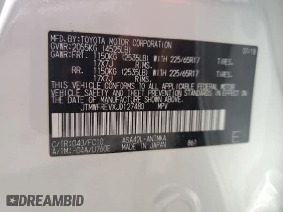 ✅ 2018 Toyota RAV4 XLE • VIN: JTMWFREVXJD127480 • Lot: 61004625. Listed on Copart with 33,179 mi. Free auction sales archive from the USA and detailed vehicle history report at DreamBid. Image 13.