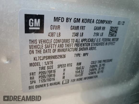 ✅ 2022 Chevrolet Trax LT • VIN: KL7CJPSM9NB529636 • Lot: 70163715. Listed on Copart with 28,136 mi. Free auction sales archive from the USA and detailed vehicle history report at DreamBid. Image 14.