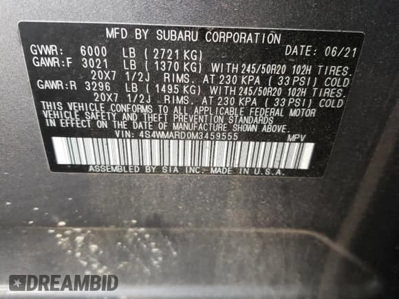 ✅ 2021 Subaru Ascent Touring • VIN: 4S4WMARD0M3459555 • Lot: 53685005. Listed on Copart with 81,951 mi. Free auction sales archive from the USA and detailed vehicle history report at DreamBid. Image 12.