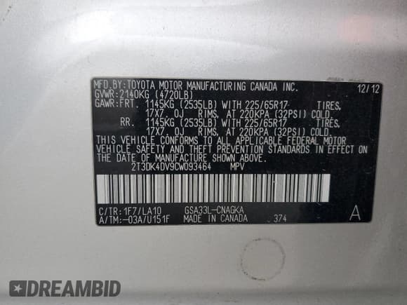 ✅ 2012 Toyota RAV4 Limited • VIN: 2T3DK4DV9CW093464 • Лот: 92329535. Опубликован ранее на Copart с пробегом 146 085 миль. Бесплатный доступ к архиву аукционных продаж из США и подробный отчёт об истории автомобиля на DreamBid. Изображение 12.