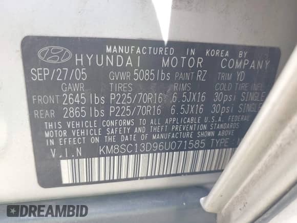 ✅ 2006 Hyundai Santa Fe GLS • VIN: KM8SC13D96U071585 • Лот: 42005602. Размещён на IAAI с пробегом 195 143 миль миль. Получите бесплатный доступ к архиву аукционных продаж из США и посмотрите подробный отчёт об истории автомобиля на DreamBid. Изображение 9.