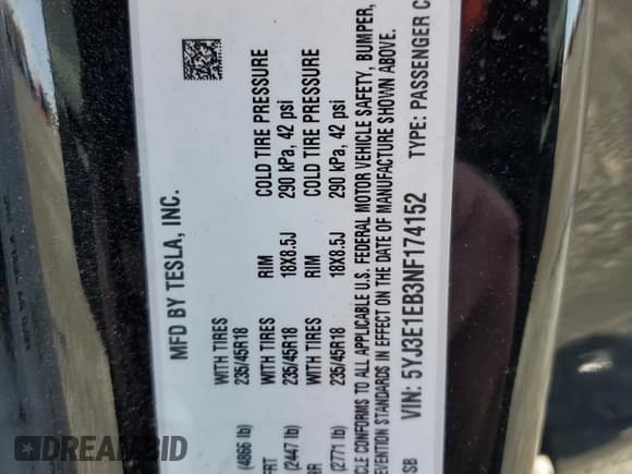 ✅ 2022 Tesla Model 3 Long Range • VIN: 5YJ3E1EB3NF174152 • Лот: 93731445. Опубликован ранее на Copart с пробегом 37 376 миль. Бесплатный доступ к архиву аукционных продаж из США и подробный отчёт об истории автомобиля на DreamBid. Изображение 12.