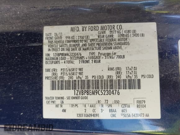 ✅ 2012 Ford Mustang Premium • VIN: 1ZVBP8EM9C5230476 • Lot: 43508782. Listed on IAAI with Not provided. Free auction sales archive from the USA and detailed vehicle history report at DreamBid. Image 9.