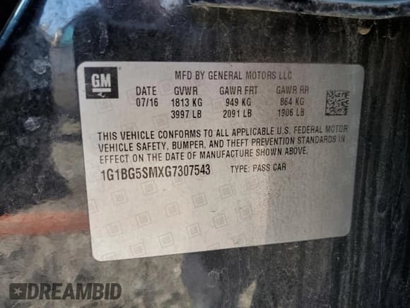 ✅ 2016 Chevrolet Cruze Premier • VIN: 1G1BG5SMXG7307543 • Lot: 48295293. Listed on Copart with 49,688 mi. Free auction sales archive from the USA and detailed vehicle history report at DreamBid. Image 12.