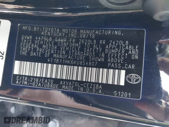 ✅ 2019 Toyota Camry SE • VIN: 4T1B11HK6KU854807 • Лот: 43770190. Опубликован ранее на IAAI с пробегом 110 077 миль. Бесплатный доступ к архиву аукционных продаж из США и подробный отчёт об истории автомобиля на DreamBid. Изображение 9.