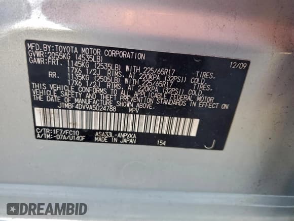 ✅ 2010 Toyota RAV4 • VIN: JTMBF4DV9A5024788 • Lot: 95984615. Listed on Copart with 176,239 mi. Free auction sales archive from the USA and detailed vehicle history report at DreamBid. Image 13.