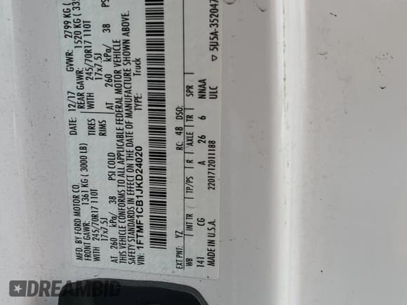 ✅ 2018 Ford F-150 XL • VIN: 1FTMF1CB1JKD24020 • Lot: 56339025. Listed on Copart with 171,347 mi. Free auction sales archive from the USA and detailed vehicle history report at DreamBid. Image 12.