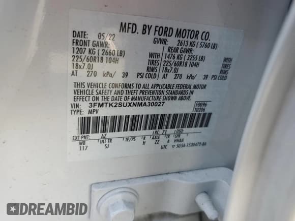 ✅ 2022 Ford Mustang Mach-E California Route 1 • VIN: 3FMTK2SUXNMA30027 • Lot: 55683375. Listed on Copart with 56,217 mi. Free auction sales archive from the USA and detailed vehicle history report at DreamBid. Image 14.