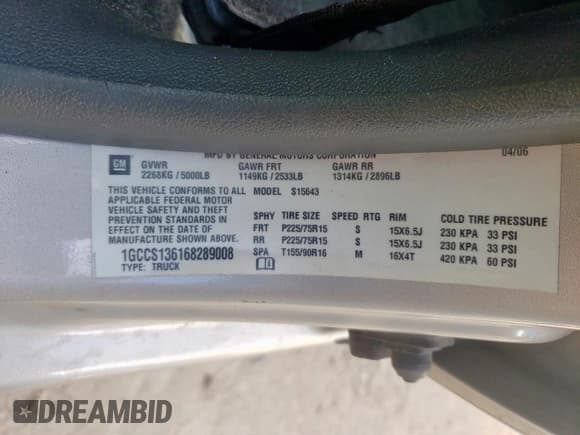 ✅ 2006 Chevrolet Colorado 1LT • VIN: 1GCCS136168289008 • Lot: 53454315. Wystawiony na Copart z przebiegiem 147 154 mil. Bezpłatny archiwum sprzedaży aukcyjnych z USA i szczegółowy raport historii pojazdu na DreamBid. Zdjęcie 12.