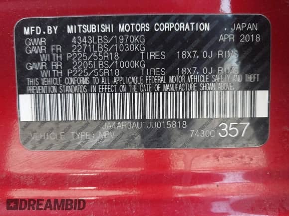 2018 Mitsubishi Outlander ES with VIN JA4AR3AU1JU015818, listed as a IAAI auction lot 42513453 with 91,467 mi miles and . Bid and sale history available at DreamBid. Image 9.